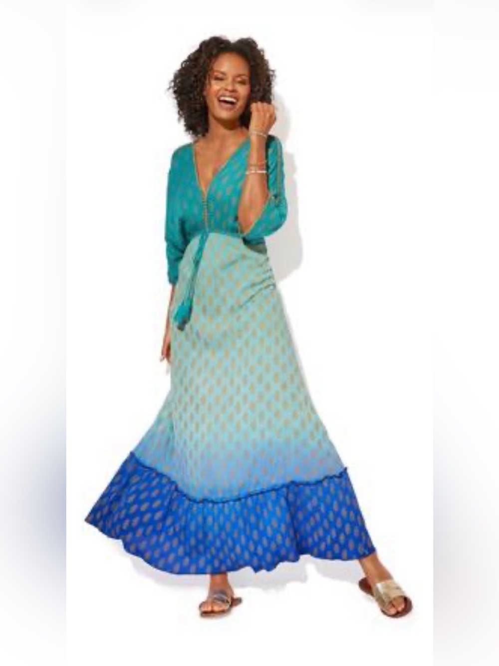 Boston Proper Teal Dress with Gold Embellished Trim